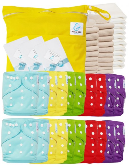 Mega pack 20 couches lavables TE1 + inserts + voiles de protection et son sac imperméable