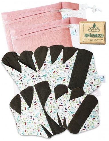 Conjunto grande de 12 toallas sanitarias lavables + paños de lavandería + dos bolsillos impermeables + removedor de manchas