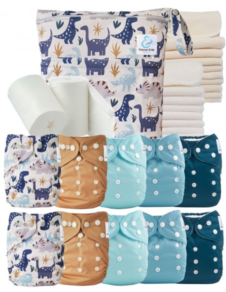 Pack complet premium composé de 10 couches lavables, d'inserts, d'un sac imperméable et de voiles de protection