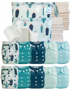 Paquete completo premium compuesto por 10 pañales Lavable, inserciones, bolsa impermeable y velas protectoras.