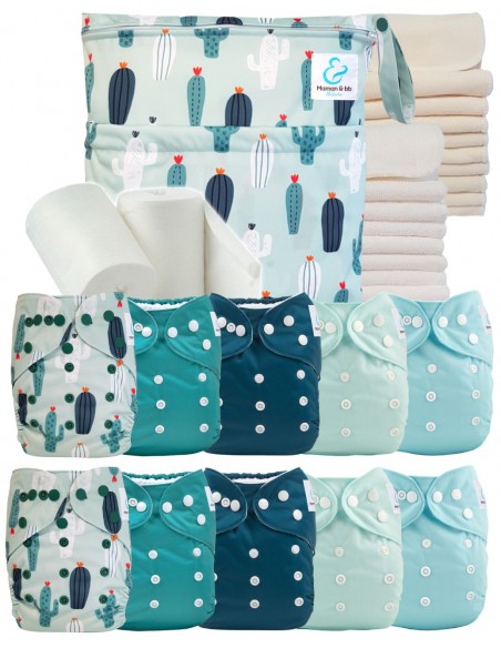 Paquete completo premium compuesto por 10 pañales Lavable, inserciones, bolsa impermeable y velas protectoras.