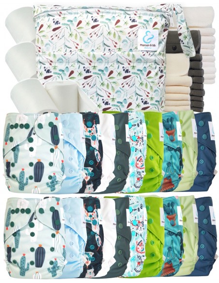 Mega pack couches lavables TE2 + 10 inserts bambou + 10 inserts microfibre + sac imperméable + voiles de protection