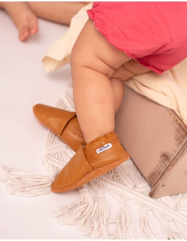 Chausson bébé en cuir souple - Noisette