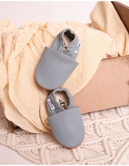 Chausson bébé en cuir souple - Bleu rêveur
