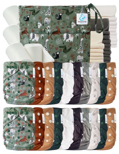 Mega pack couches lavables TE2 + 10 inserts bambou + 10 inserts microfibre + sac imperméable + voiles de protection