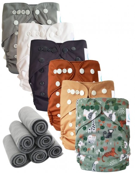 Lot 6 couches lavables tout en deux Te2 à doubles goussets + inserts en bambou