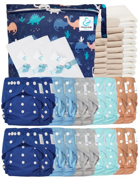 Pack complet couches lavables TE2 certifiées Oeko Tex® + 20 inserts en coton + 10 inserts bambou + sac + voiles de protection