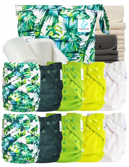 Pack complet couches lavables TE2 + 10 inserts bambou + 10 inserts charcoal + sac imperméable + voiles de protection