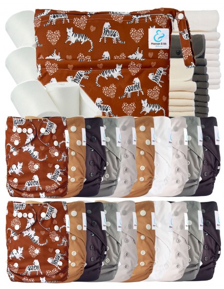 Mega pack couches lavables TE2 + 10 inserts bambou + 10 inserts microfibre + sac imperméable + voiles de protection
