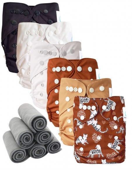 Lot 6 couches lavables tout en deux Te2 à doubles goussets + inserts en bambou