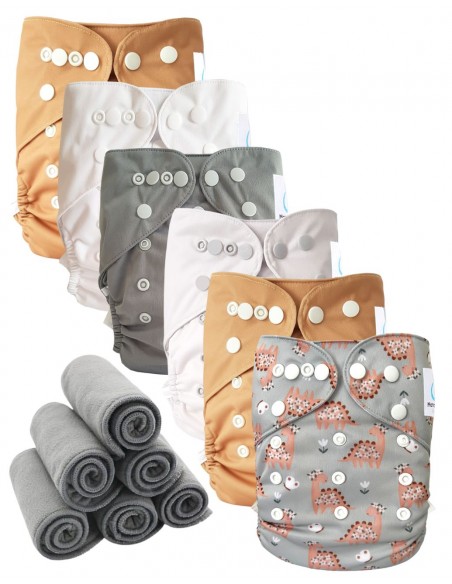 Lot 6 couches lavables tout en deux Te2 à doubles goussets + inserts en bambou