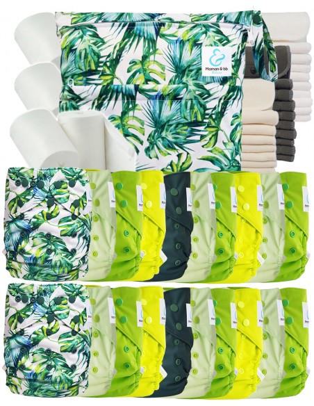 Mega pack couches lavables TE2 + 10 inserts bambou + 10 inserts microfibre + sac imperméable + voiles de protection