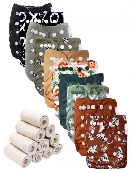 Lot de 10 Couches lavables te1 évolutives et inserts animaux