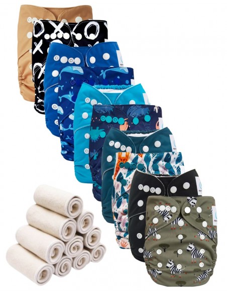 Lot de 10 Couches lavables te1 évolutives et inserts animaux
