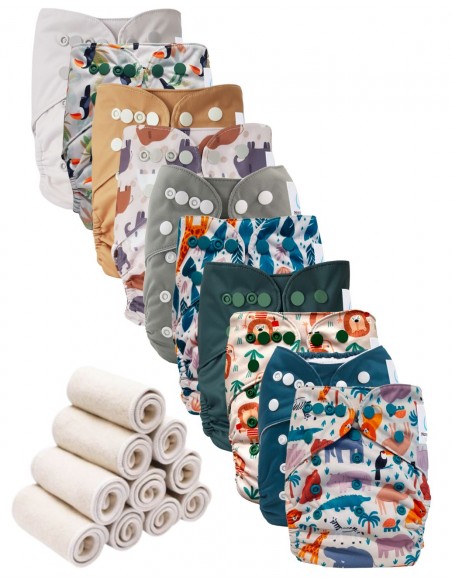 Lot de 10 de Couches lavables te1 évolutives et inserts tons bleus