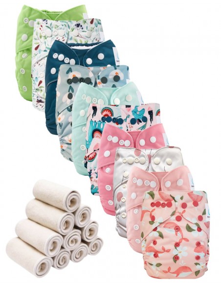 Lot de 10 de Couches lavables te1 évolutives et inserts tons roses