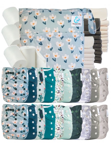 Mega pack 20 couches lavables + inserts + voiles de protection et son sac imperméable