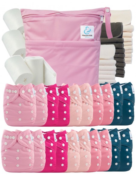 Mega pack 20 couches lavables TE1 + inserts + voiles de protection et son sac imperméable