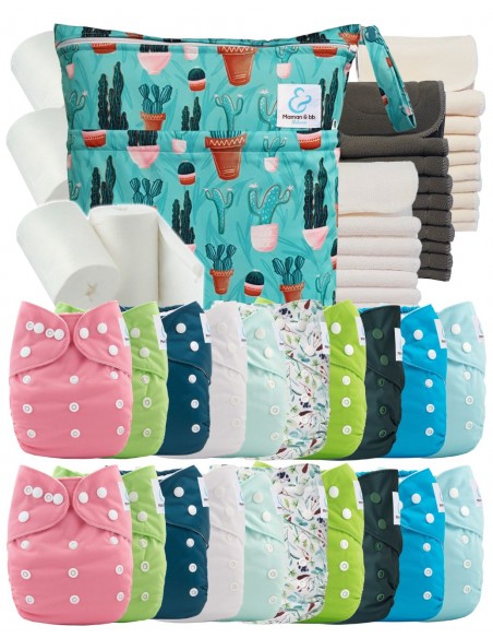 Mega pack 20 couches lavables TE1 + inserts + voiles de protection et son sac imperméable