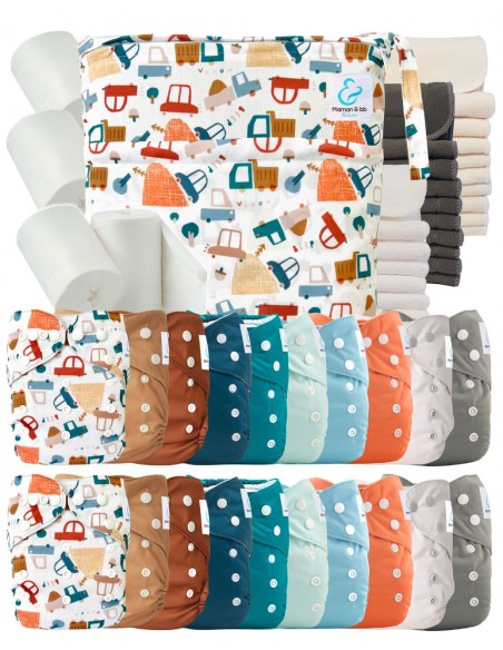 Mega pack 20 couches lavables + inserts + voiles de protection et son sac imperméable