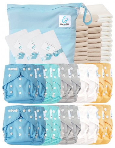 Paquete completo Layables lavables TE3 Certified Oeko TEX® + 20 Inserciones de algodón + 10 inserciones de bambú + bolsa + velas