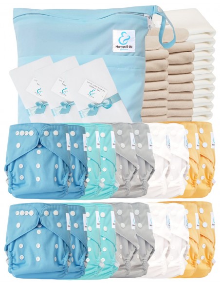 Pack complet couches lavables TE2 certifiées Oeko Tex® + 20 inserts en coton + 10 inserts bambou + sac + voiles de protection
