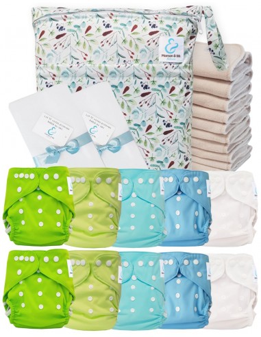 Vollpaket windeln Waschbare TE2-zertifizierte Oeko Tex® + 10 Baumwolleinsätze + Wasserdichte Tasche + Schutzsegeln