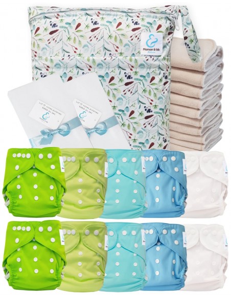 Vol pack windeln WASBARE TE2 GECERTIFICEERD OEKO TEX® + 10 Katoen Inserts + Waterdichte Tas + Beschermende Zeilen
