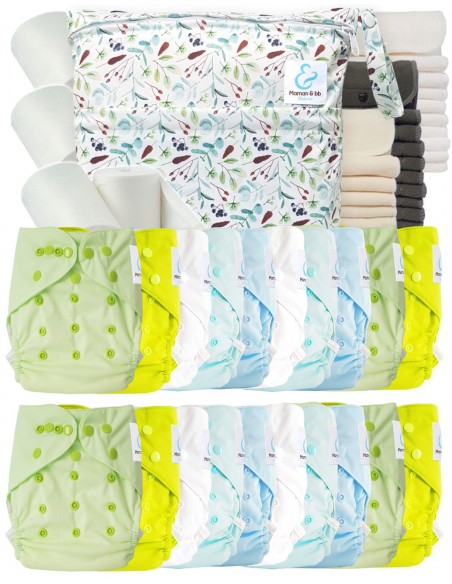 Mega pack couches lavables TE2 + 10 inserts bambou + 10 inserts microfibre + sac imperméable + voiles de protection