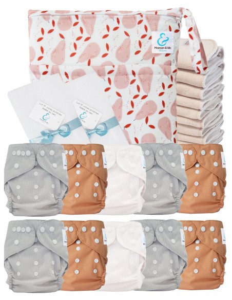 Pack complet couches lavables TE2 certifiées Oeko Tex® + 10 inserts en coton + sac imperméable + voiles de protection