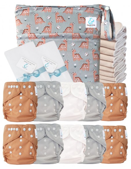 Pack complet couches lavables TE2 certifiées Oeko Tex® + 10 inserts en coton + sac imperméable + voiles de protection