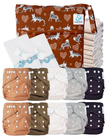 Pack complet couches lavables TE2 certifiées Oeko Tex® + 10 inserts en coton + sac imperméable + voiles de protection