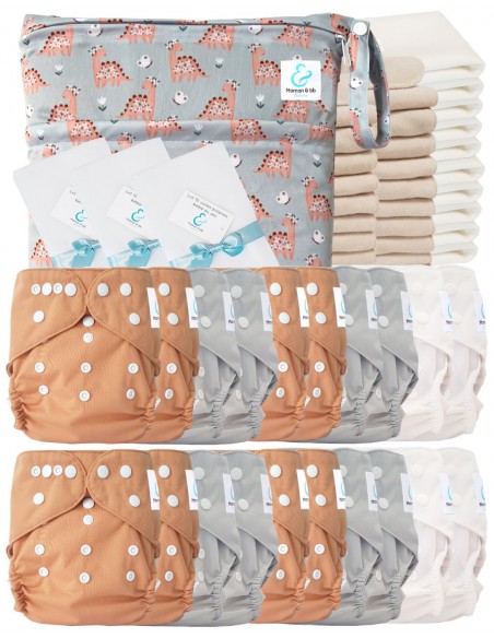 Pack complet couches lavables TE2 certifiées Oeko Tex® + 20 inserts en coton + 10 inserts bambou + sac + voiles de protection