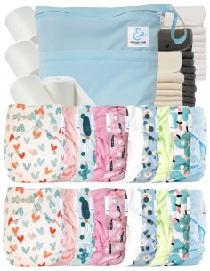 Mega pack couches lavables TE2 + 10 inserts bambou + 10 inserts microfibre + sac imperméable + voiles de protection