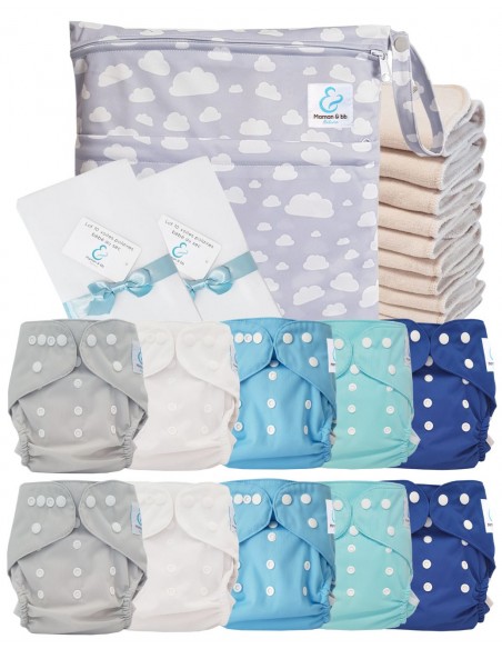 Pack complet couches lavables TE2 certifiées Oeko Tex® + 10 inserts en coton + sac imperméable + voiles de protection