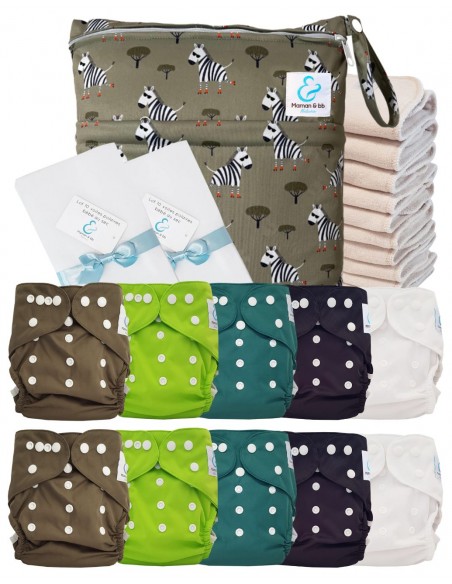 Pack complet couches lavables TE2 certifiées Oeko Tex® + 10 inserts en coton + sac imperméable + voiles de protection