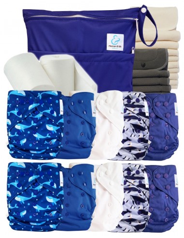 Pack complet couches lavables TE2 + 10 inserts bambou + 10 inserts charcoal + sac imperméable + voiles de protection