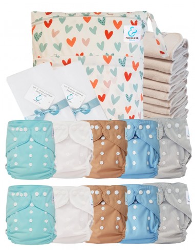 Paquete completo pañales Lavable TE2 certificado Oeko Tex® + 10 insertos de algodón + bolsa impermeable + velas protectoras