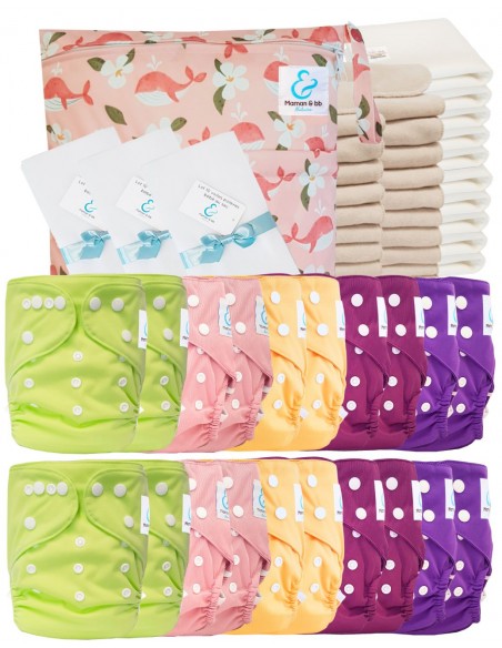 Pack complet couches lavables TE2 certifiées Oeko Tex® + 20 inserts en coton + 10 inserts bambou + sac + voiles de protection