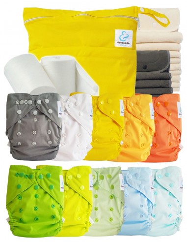 Pack complet couches lavables TE2 + 10 inserts bambou + 10 inserts charcoal + sac imperméable + voiles de protection