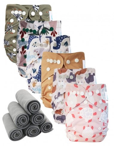 Lot 6 couches lavables tout en deux Te2 à doubles goussets + 6 inserts en bambou