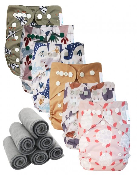 Lot 6 couches lavables tout en deux Te2 à doubles goussets + 6 inserts en bambou