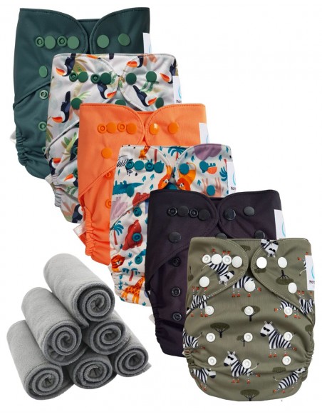 Lot 6 couches lavables tout en deux Te2 à doubles goussets + 6 inserts en bambou