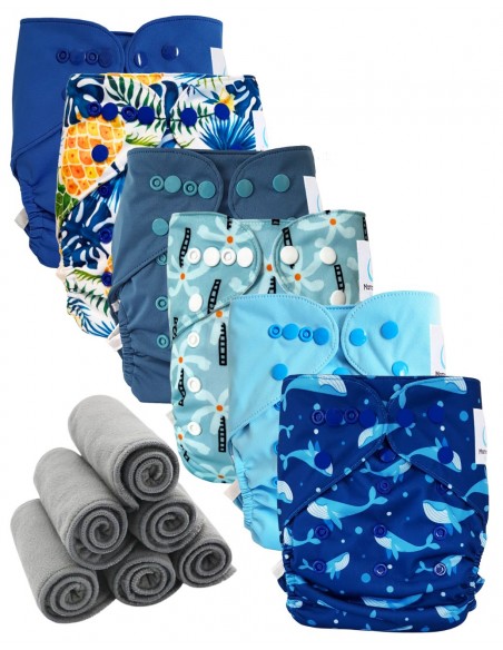 Lot 6 couches lavables tout en deux Te2 à doubles goussets + 6 inserts en bambou