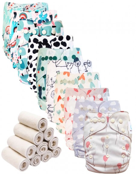 Lot 10 couches lavables tout en deux Te2 à doubles goussets + 10 inserts en bambou