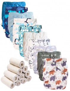 Lot 10 couches lavables tout en deux Te2 à doubles goussets + 10 inserts en bambou