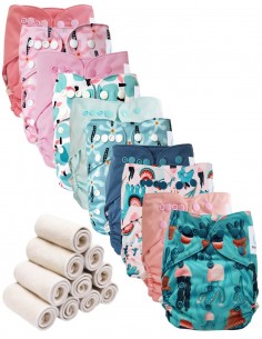 Lot 10 couches lavables tout en deux Te2 à doubles goussets + 10 inserts en bambou