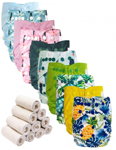 Lot 10 couches lavables tout en deux Te2 à doubles goussets + 10 inserts en bambou