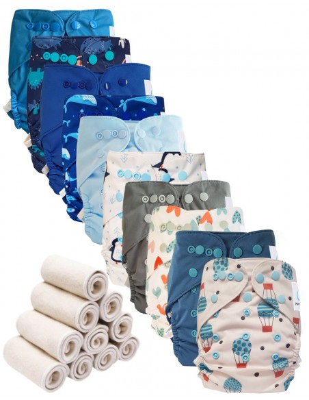 Lot 10 couches lavables tout en deux Te2 à doubles goussets + 10 inserts en bambou