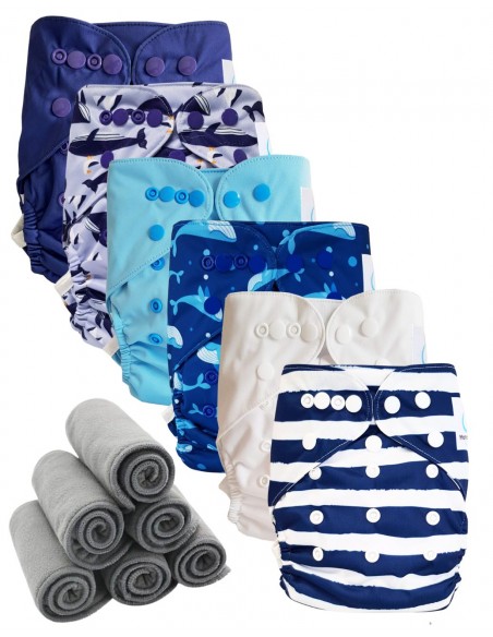 Lot 6 couches lavables tout en deux Te2 à doubles goussets + 6 inserts en bambou